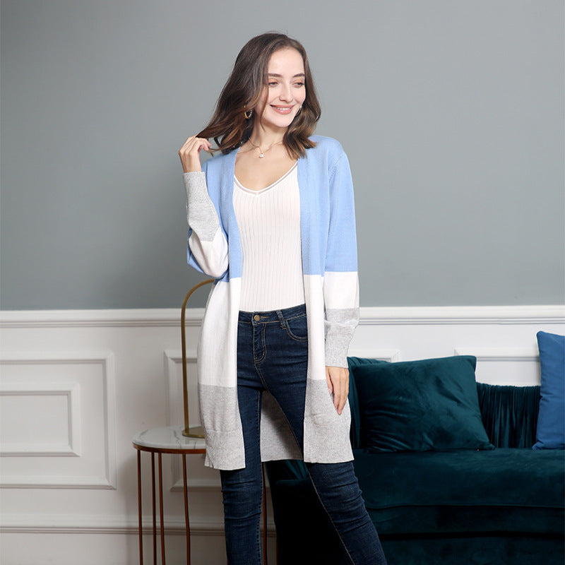 Damen lässige Strickjacke mit modernem Blockstreifenmuster und offenen Fronten EB