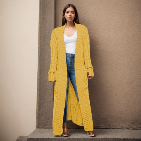 Damen Langer Strickcardigan mit raffiniertem Zopfdesign und praktischen Taschen EB