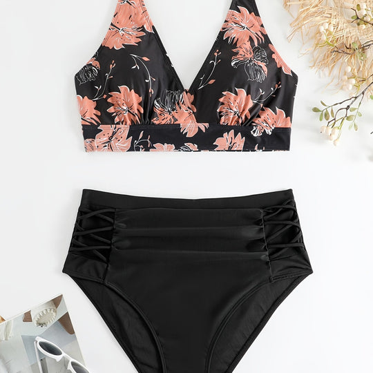 Damen Hochgeschnittener Bikini mit floralen Akzenten und raffinierten Details EB