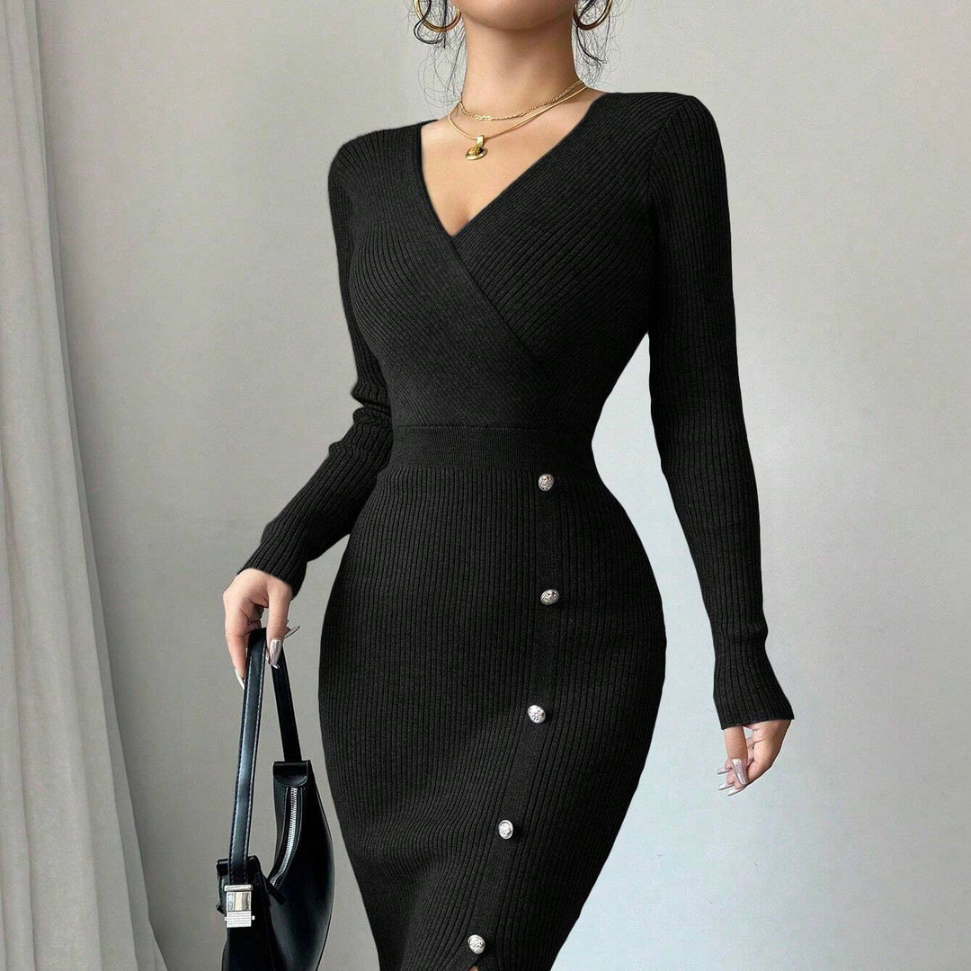 Damen Strickkleid mit Wickeloptik und eleganten Knopfdetails EB