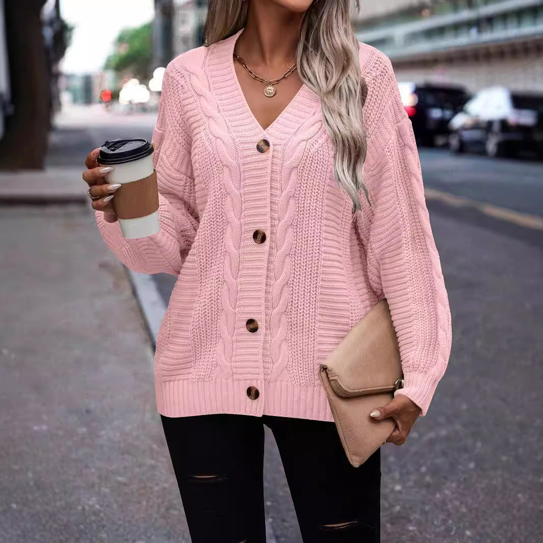 Damen modischer Strickcardigan mit Zopfmuster und Knopfdetail EB