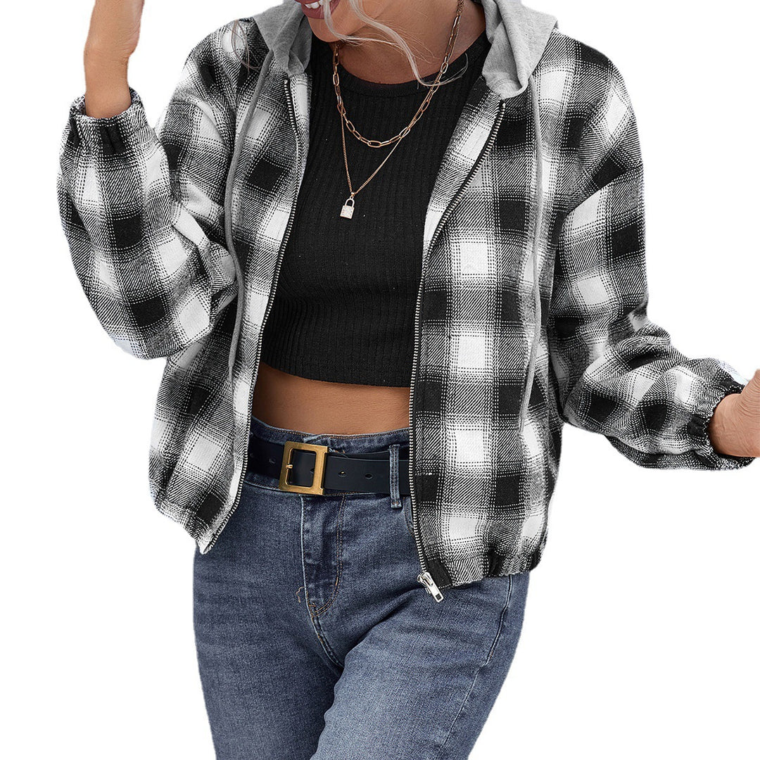 Damen lässige Baumwolljacke mit Karomuster und Kapuze EB