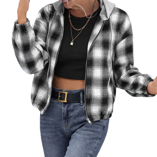 Damen lässige Baumwolljacke mit Karomuster und Kapuze EB