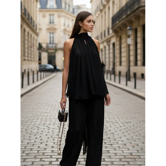 Damen Elegantes Chiffonoberteil mit tiefem Wasserfallausschnitt und fließendem Stoff EB