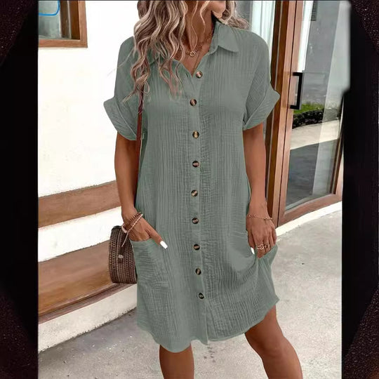 Damen Hemdblusenkleid aus leichtem Baumwollstoff mit praktischen Taschen und durchgehender Knopfleiste EB