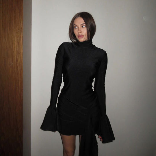 Damen Wickelkleid mit hohen Rüschendetails und Stehkragen EB