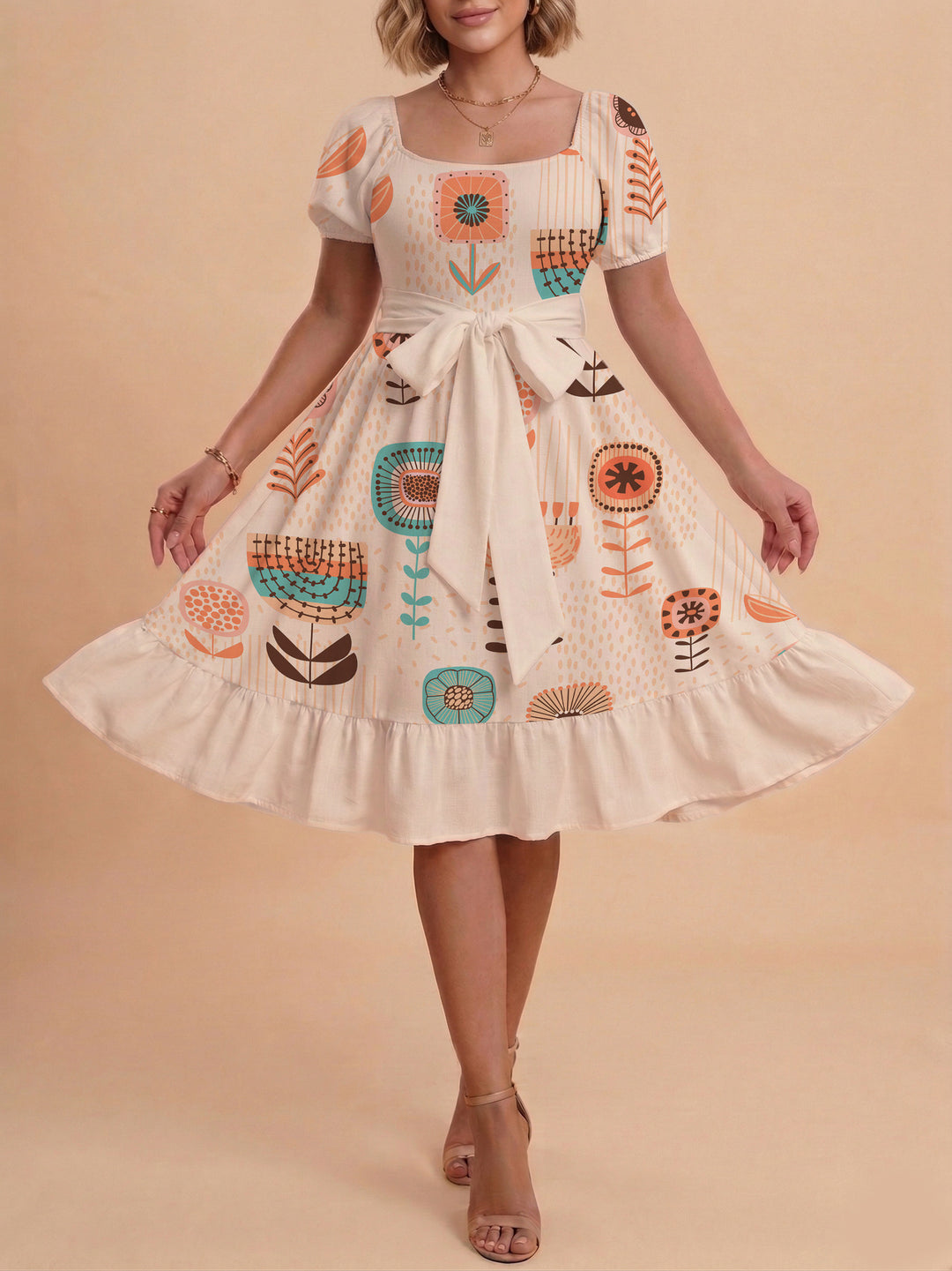 Damen Sommerkleid mit floralem Puffärmel und taillierbarem Gürtel EB