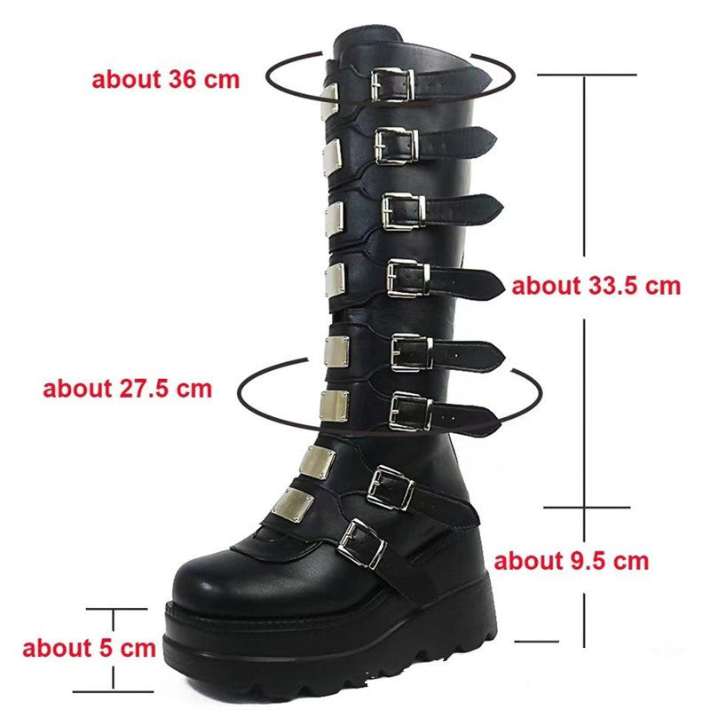 Damen Plattform Stiefel mit modischem Schnallen-Design und stabiler Sohle EB
