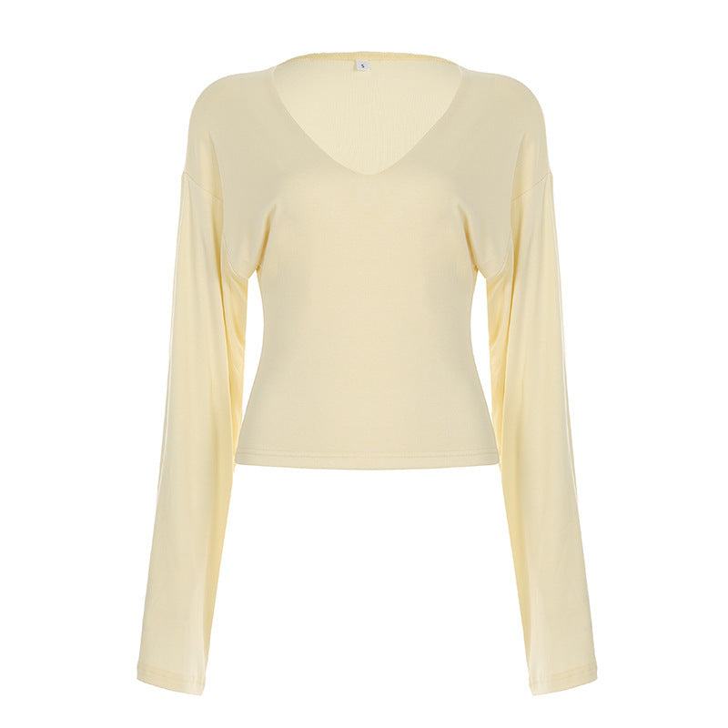Damen nan tailliertes Langarm-Cropped-Shirt mit V‑Ausschnitt, überschnittener Schulter und soften Jersey-Qualität EB