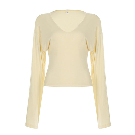 Damen nan tailliertes Langarm-Cropped-Shirt mit V‑Ausschnitt, überschnittener Schulter und soften Jersey-Qualität EB