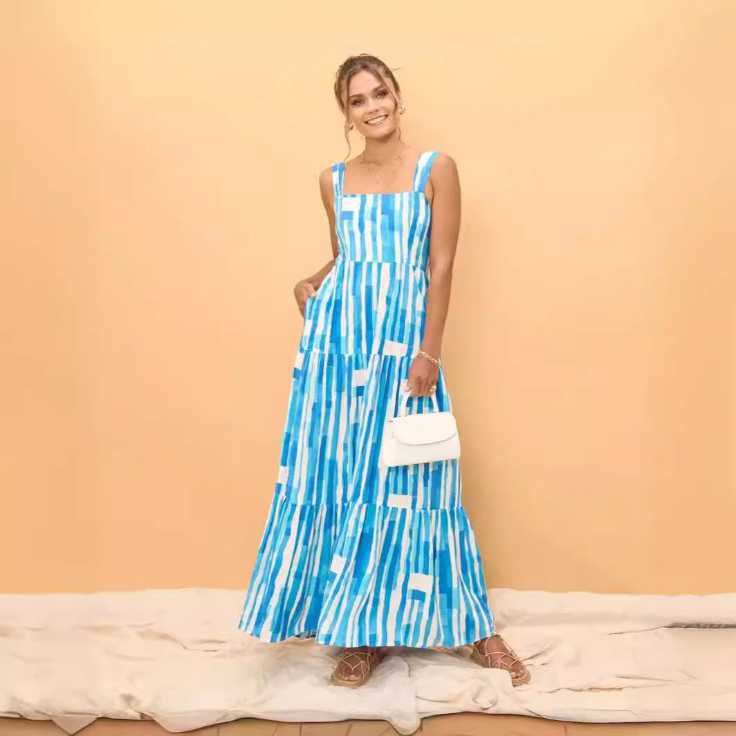 Damen Maxikleid mit verstellbaren Trägern und einzigartigem Streifenmuster EB