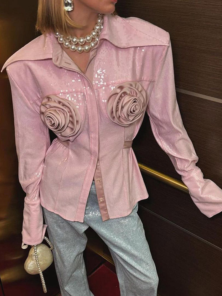 Damen Glamouröse Bluse mit 3D-Rosenapplikationen und Glitzer EB