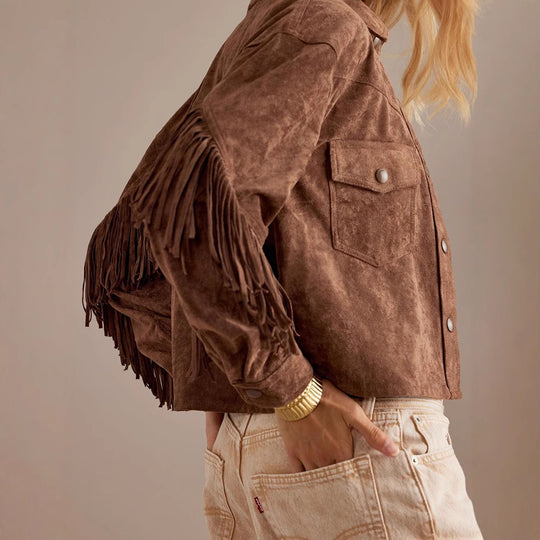 Damen Wildlederjacke mit Fransen und oversized Schnitt EB
