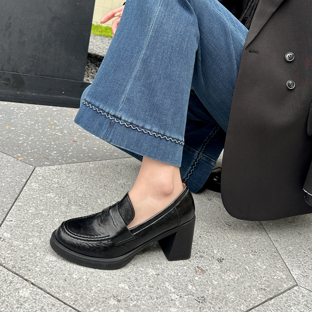 Damen Mokassin-Pumps mit blockiertem Absatz und modischem Lederlook EB
