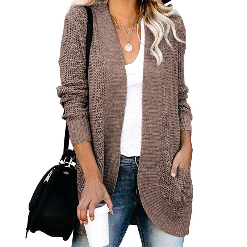 Damen lässige Strickjacke mit offenen Ärmeln und praktischen Taschen EB