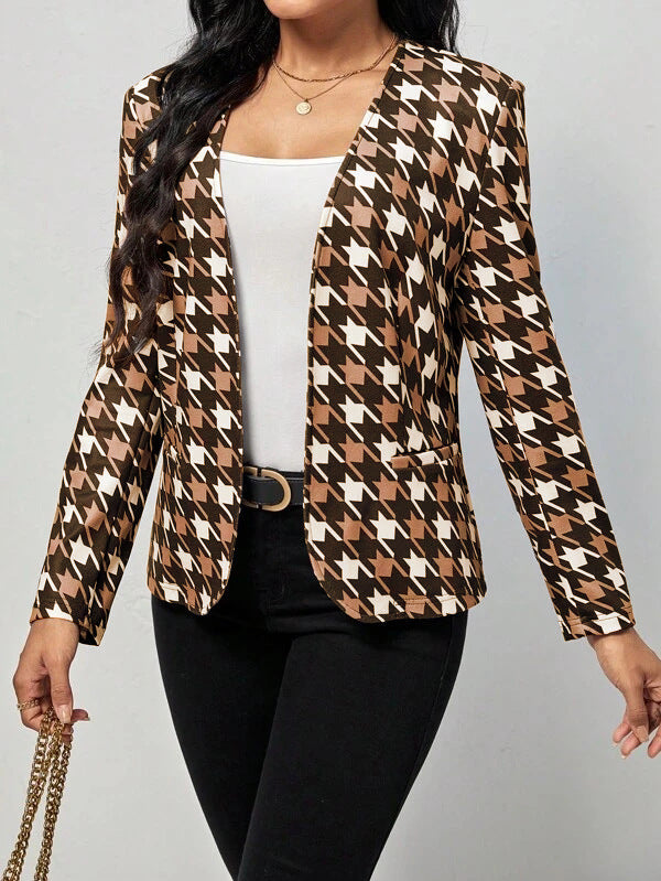Damen modischer Blazer mit auffälligem Hahnentritt-Muster und elegantem Schnitt EB
