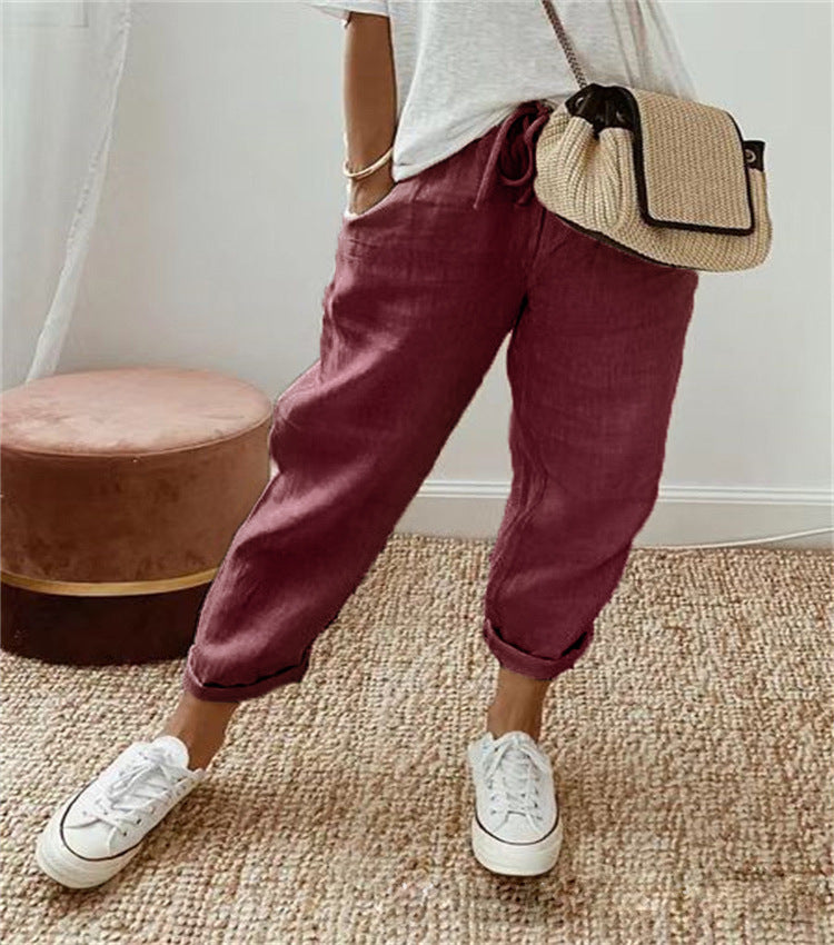 Damen nan legerer Leinen-Jogger mit Kordelzug, Eingrifftaschen und umgeschlagenem Saum EB
