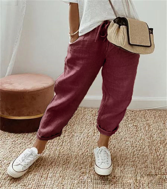 Damen nan legerer Leinen-Jogger mit Kordelzug, Eingrifftaschen und umgeschlagenem Saum EB