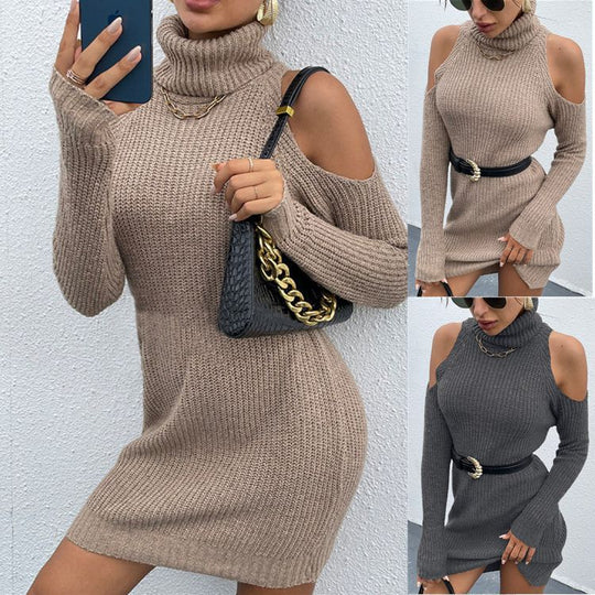 Damen Strickkleid mit offenen Schultern und hohem Kragen EB