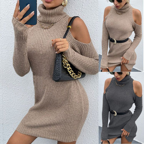 Damen Strickkleid mit offenen Schultern und hohem Kragen EB