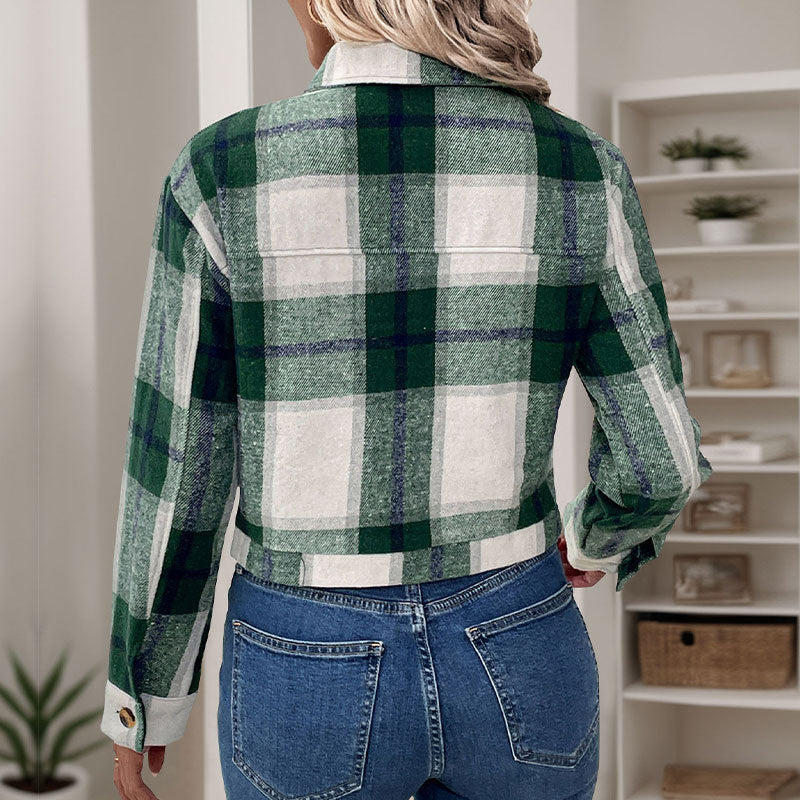 Damen lässige Karojacke mit praktischen Taschen und modischen Knopfdetails EB