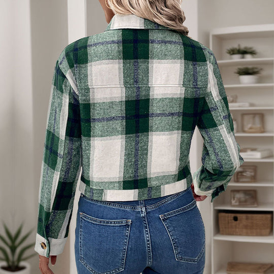 Damen lässige Karojacke mit praktischen Taschen und modischen Knopfdetails EB