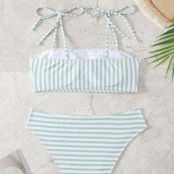 Damen Hochgeschnittener Bikini mit modischen Streifen und verstellbaren Trägern EB