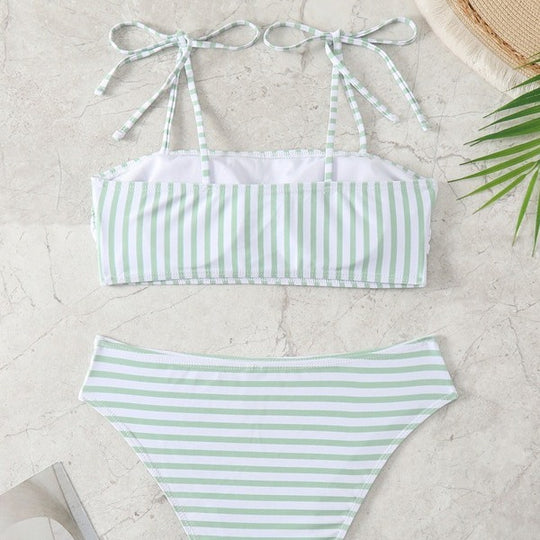 Damen Hochgeschnittener Bikini mit modischen Streifen und verstellbaren Trägern EB