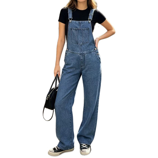 Damen nan weite Denim-Latzhose mit hoher Taille, verstellbaren Trägern und lässigem Schlag EB