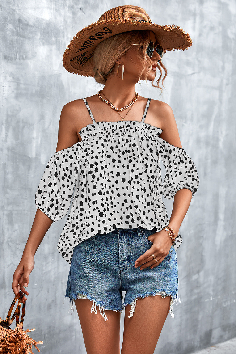 Damen Off-Shoulder Bluse mit verspieltem Punktemuster und luftigen Puffärmeln EB