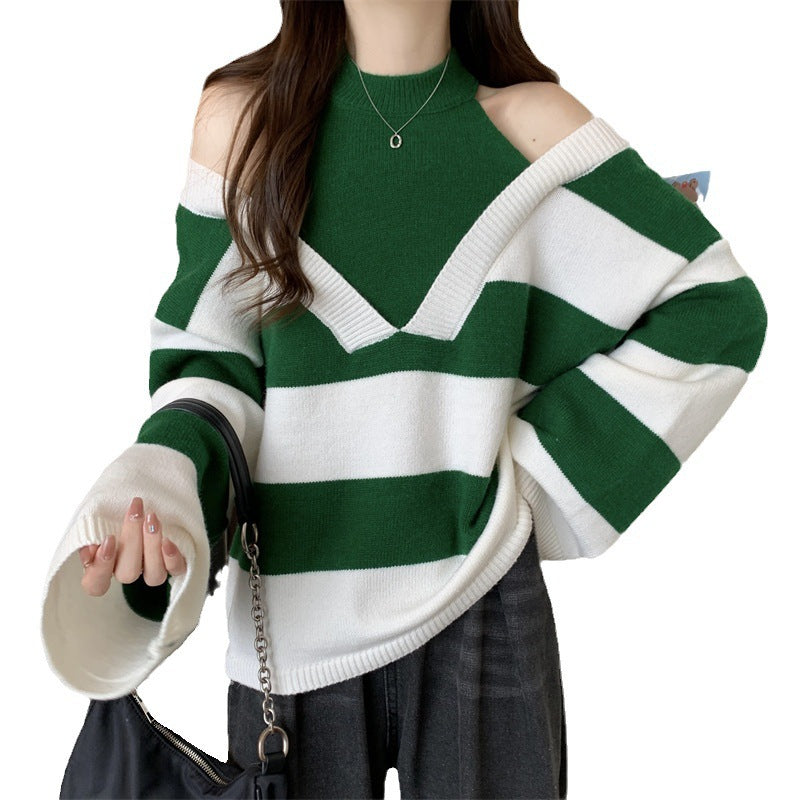 Damen V-Ausschnitt Oversized-Pullover mit modischem Streifenmuster und offenem Schulterdesign EB