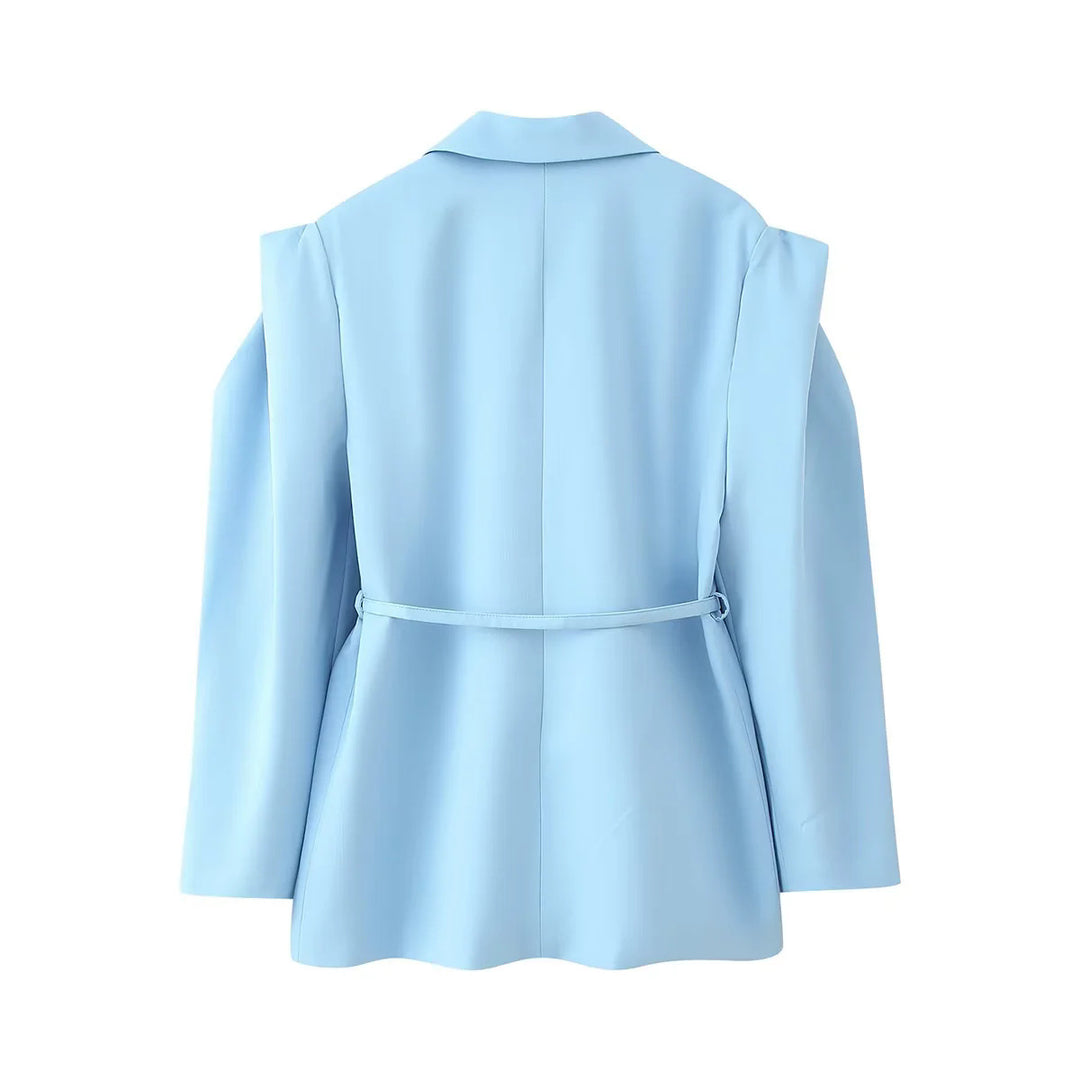 Damen elegante Oversized-Blazerjacke mit Gürtel und Schulterpolstern EB