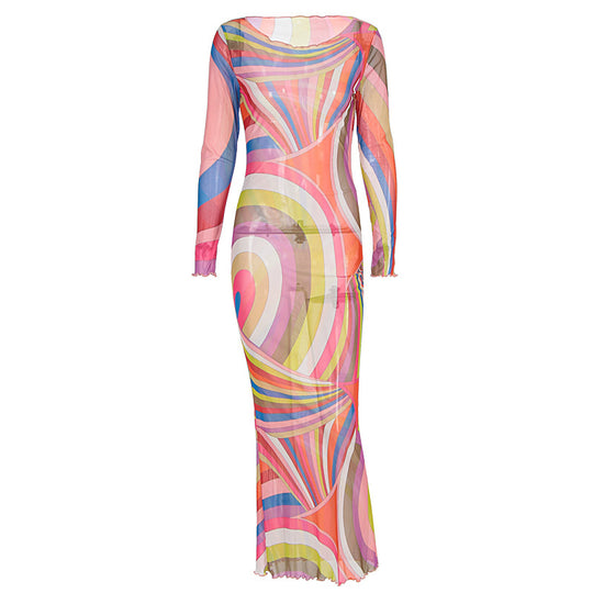 Damen Langarm Maxikleid mit buntem Muster EB