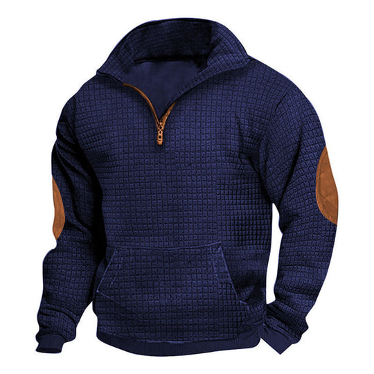 Herren nan strukturiertes Freizeit-Pullover mit kurzem Reißverschluss, Kängurutasche und Ellenbogen-Lederbesatz EB