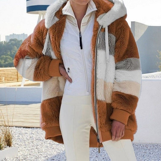 Damen nan Oversize Teddyfell-Kapuzenjacke mit Farbblock-Streifen, hochwertigem Reißverschluss und gerippten Bündchen EB