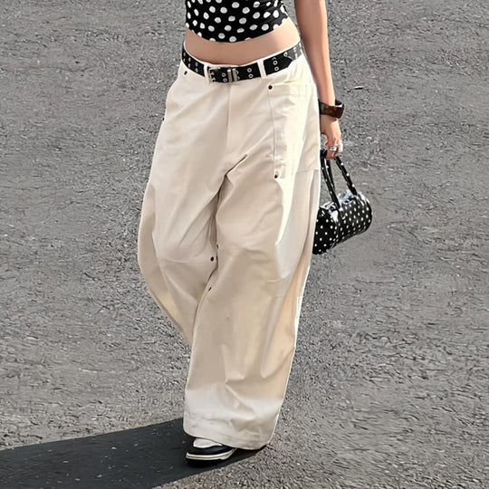 Damen nan weite Highwaist-Canvas-Hose im Carpenter‑Stil mit hohem Bund und aufgesetzten Taschen EB