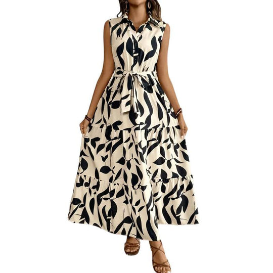 Damen Maxi-Kleid mit maskulinem Blätterdruck und tailliertem Gürtel EB