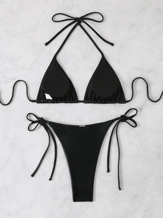 Damen Glänzendes Triangel-Bikini-Set mit verstellbaren Bändern EB