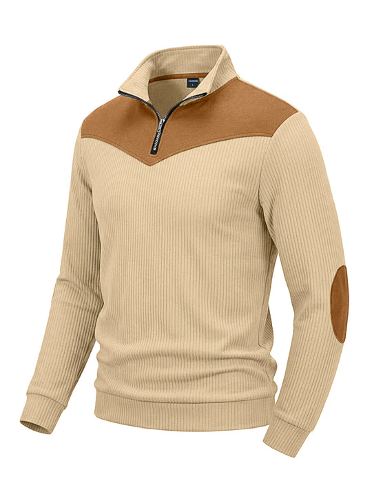 Herren Strickpullover mit Troyerkragen, Rippenstruktur und Ellbogen-Patches EB