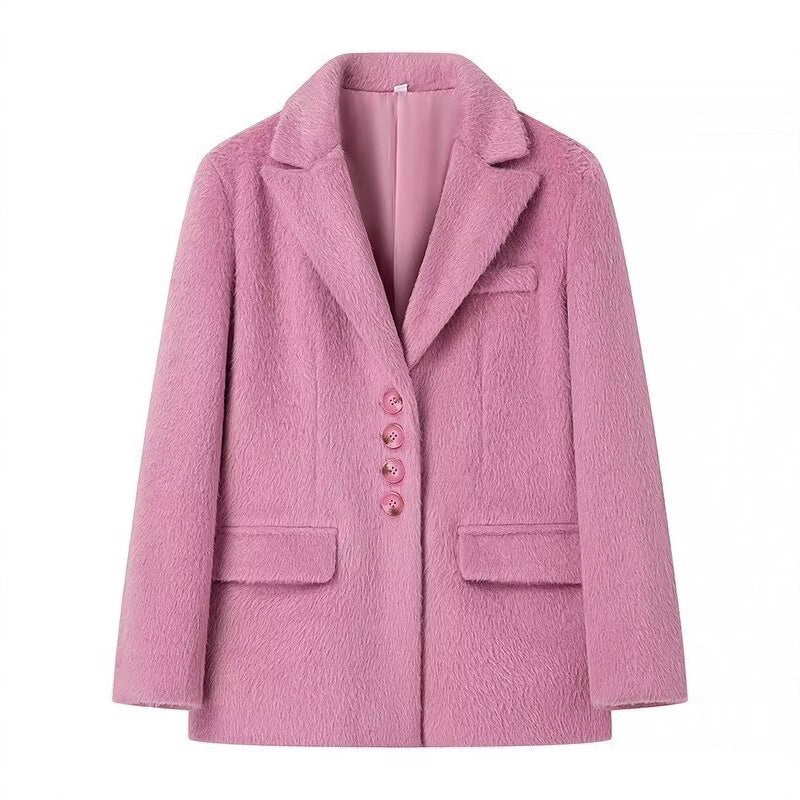 Damen elegante Blazerjacke mit weichem Fell und dekorativen Knopfdetails EB