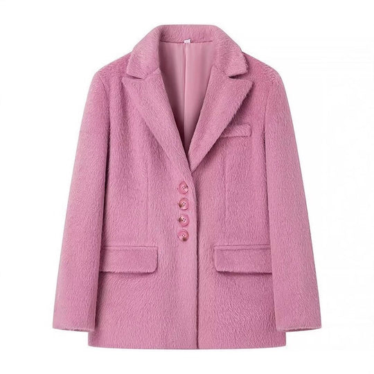 Damen elegante Blazerjacke mit weichem Fell und dekorativen Knopfdetails EB
