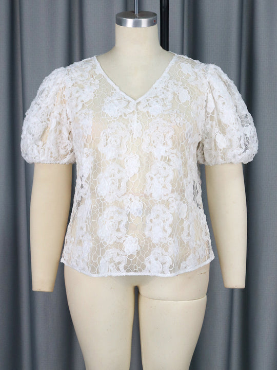 Damen Bluse mit romantischen Spitzenärmeln und floralem Muster EB