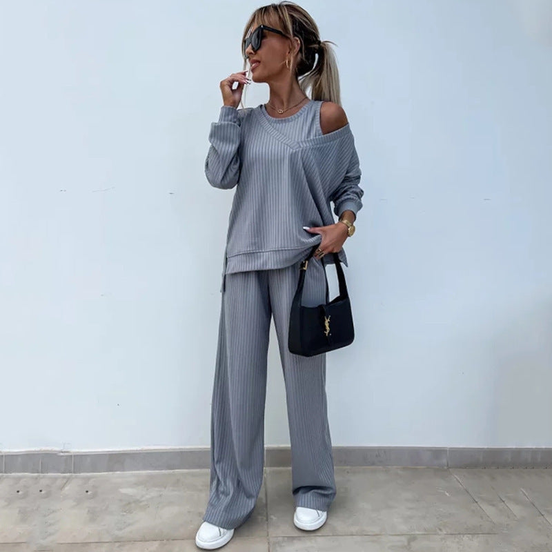 Damen nan elegantes Rippstrick-Zweiteiler Lounge-Set mit einseitigem Schulterfreischnitt und weitem Palazzo-Hosenbein EB