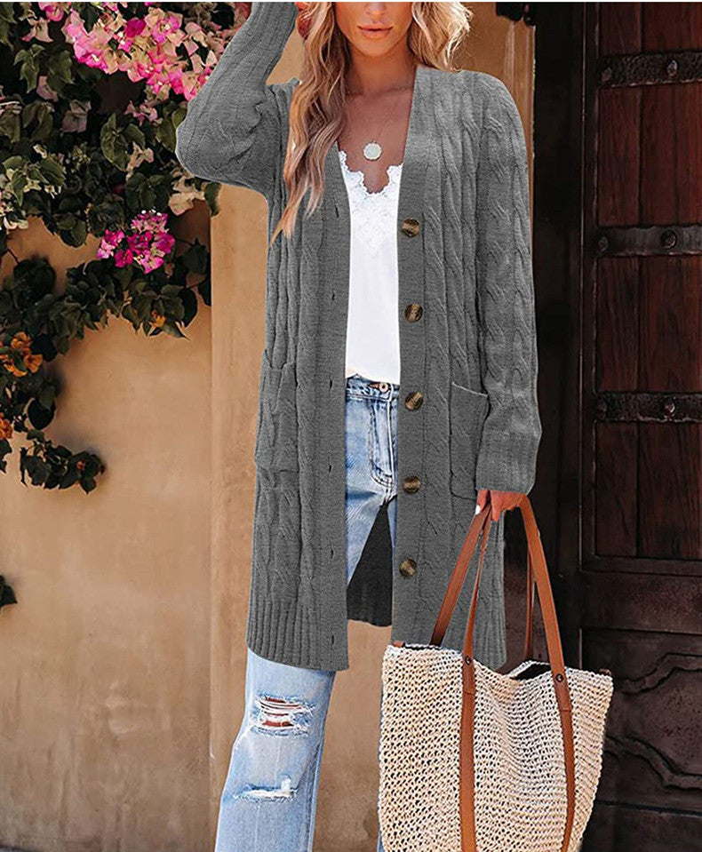 Damen Langer Strickcardigan mit Zopfdesign und praktischen Taschen EB