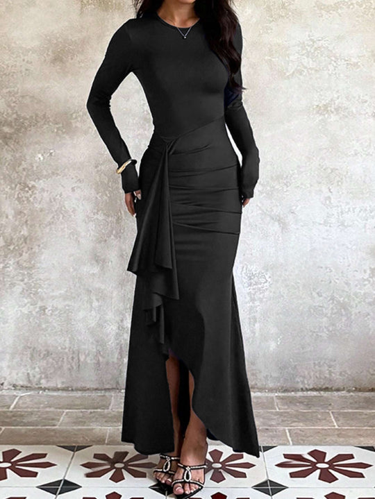 Damen nan eng anliegendes Abendkleid mit langen Ärmeln, geraffter Taille und asymmetrischem Volant EB