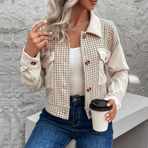 Damen Cordjacke mit modernem Hahnentritt-Design und praktischen Taschen EB
