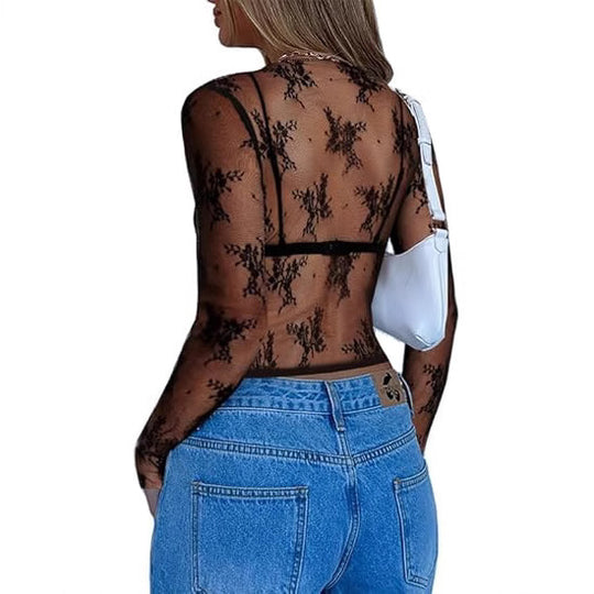 Damen Transparente Spitzenbluse mit eleganten Details EB
