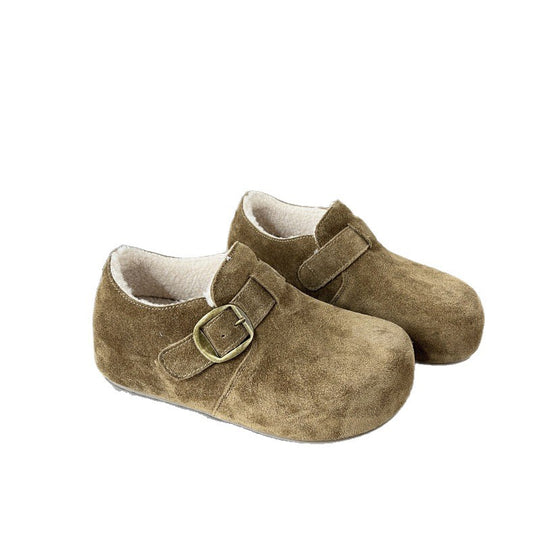 Damen Komfortable Wildleder-Clogs mit luxuriösem Fleece-Innenfutter und modischer Schnallenverzierung EB