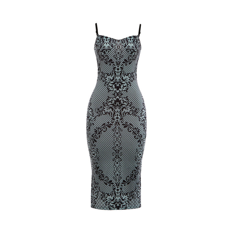 Damen Figurbetontes Kleid mit elegantem Muster und feinen Trägern EB