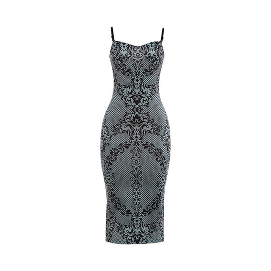 Damen Figurbetontes Kleid mit elegantem Muster und feinen Trägern EB